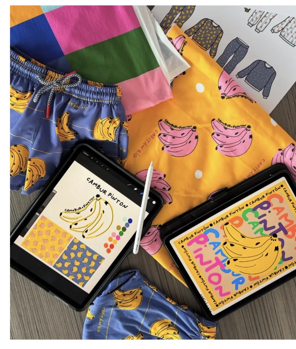 El primer print, Cambur Pintón, en el iPad y en las chaquetas